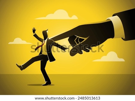 An illustration of A giant hand pushing at business executive. Metaphor for giving the push at work