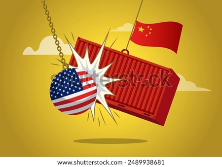 Wrecking ball smashes a cargo ship from China. Representing the tense relation between China and U.S.A. due the Trade War.