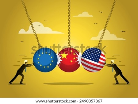 European and American wrecking ball smashes China. Representing the tense relation between European American and China. due the Trade War.