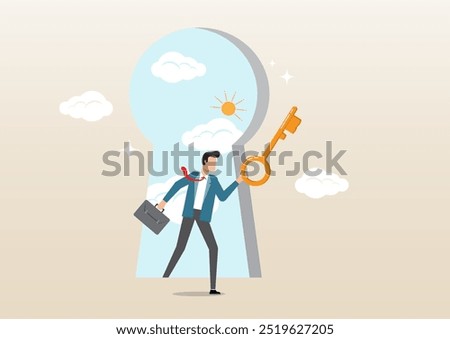 An illustration of businessman open door from keyhole to offer secret golden unlock key. Success secret key discovery, career opportunity, unlock key to solve problem, leadership key success concept