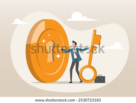 An illustration of smart businessman investor holding huge golden key to unlock coin keyhole. Financial key success, wealth solution to make money and gain profit concept