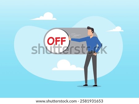 An illustration of a businessman pushing a switch to be off in the control panel dashboard. Switch off or turn off setting preference, power shutdown electricity, saving energy and ecology concept