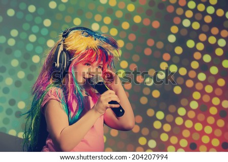 Vintage little children singing, dancing in disco club