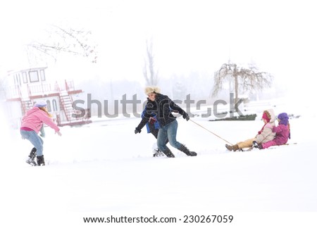 Cute family having fun in the snow