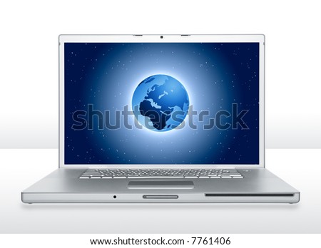 computer laptop with screen shows globe