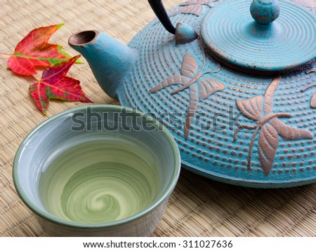 Oriental cast iron tea pot with tea cup and autumn leaves on tatami mat