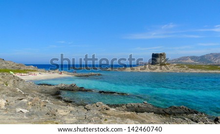 Pelosa beach with an ancient medieval tower on an isolated beach, Sardinia, Italy