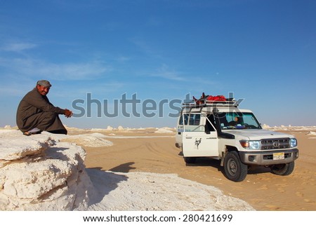 White Desert, Egypt - April 1st of 2015: After a long period of not receiving visitors,  bedouin local guides lead tourists back again to the White Desert National park close to Farafra Oasis.