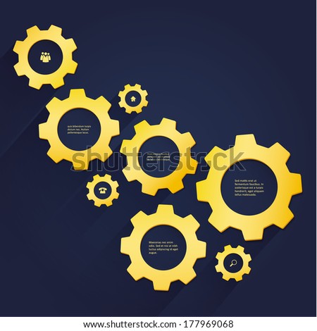 Vector cogwheel template - luxury gold cogs. Cogwheel connection, teamwork. Creative template with space for your content.