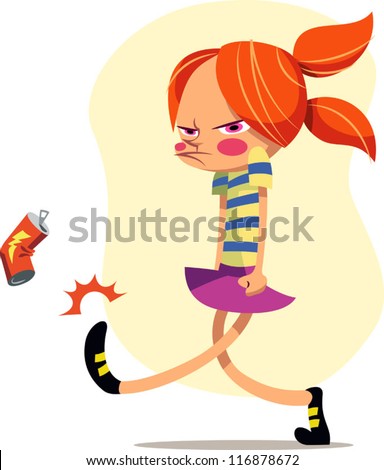 An angry girl kicking a soda can
