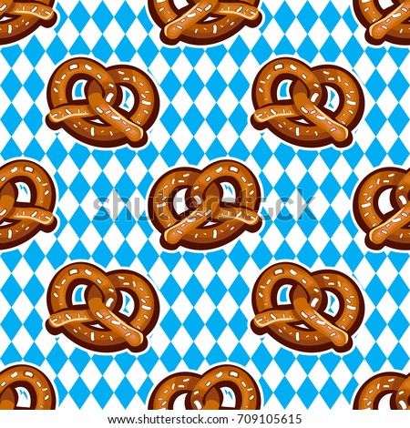 Beer snack seamless background. Vector pattern, baked salty fresh pretzels. National holiday German Oktoberfest beer fest. Food texture for textile, wrap paper, wallpaper, background, surface, cover