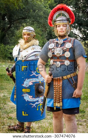 NEPTUN, ROMANIA - JULY 28, 2015 - Ancient Festival - Reenactment of the Roman and  Dacian (Thracian) wars - Roman centurion and a soldier in armour (lorica segmentata)