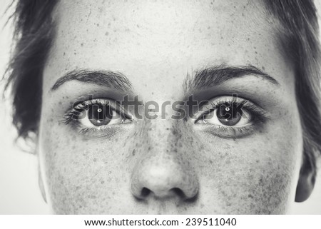 Eyes Nose freckles face woman black and white
