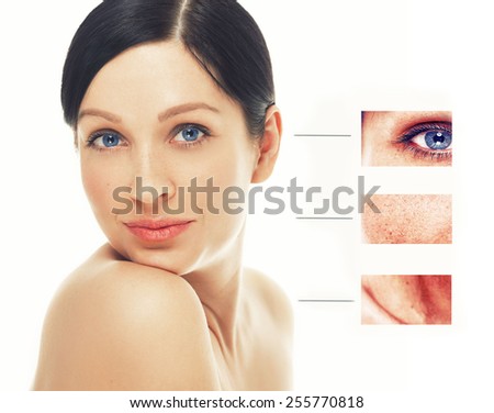 Portrait of girl woman with problem and clear skin, aging and youth concept