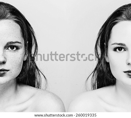 beautiful  happy young woman portrait face  with freckles and smile  black and white
