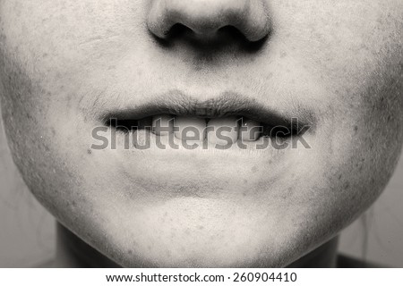 Lips with teeth woman face black and white