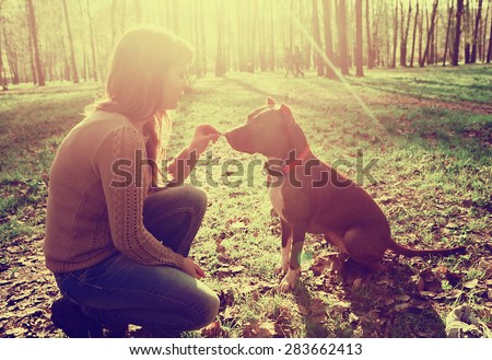 Woman with dog in park walking and playing