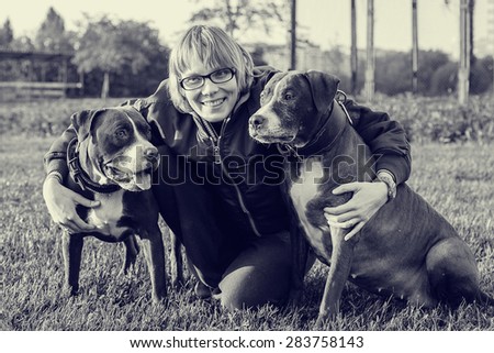 Woman with dog nature black and white