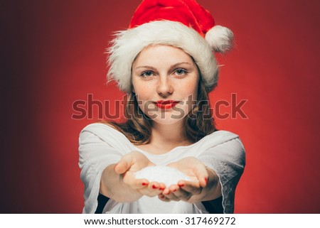 New year woman portrait on red background