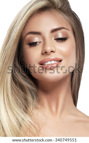 Beautiful Woman Face Blonde Hair Portrait Close Up Studio On White Long ...