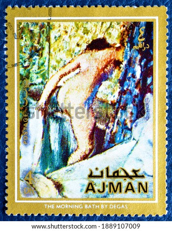 Ajman - circa 1971 : Cancelled postage stamp printed by Ajman, that shows painting The morning bath by Degas, circa 1971.
