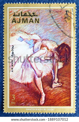 Ajman - circa 1971 : Cancelled postage stamp printed by Ajman, that shows painting Dancer seated by Degas, circa 1971.