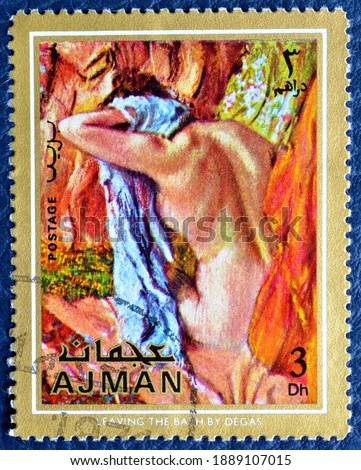 Ajman - circa 1971 : Cancelled postage stamp printed by Ajman, that shows painting Leaving the bath by Degas, circa 1971.
