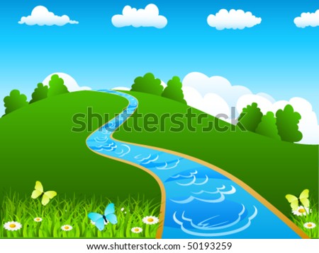 River and green landscape - vector illustration