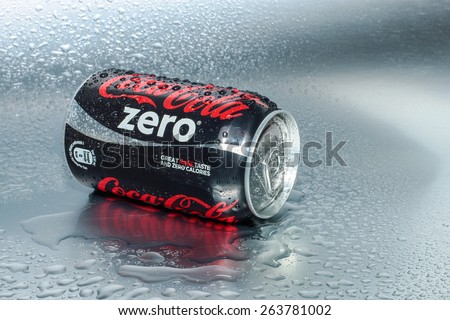 SABAH, MALAYSIA - March 18, 2015: Coca-Cola Zero Can on metal background.