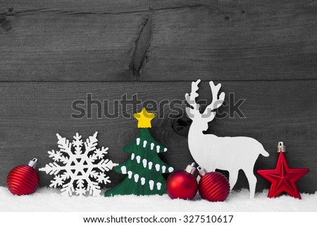 Christmas Decoration With Reindeer On White Snow. Green Christmas Tree, Snowflake And Red Christmas Balls. Brown, Rustic, Vintage Wooden Background For Copy Space. Black And White Christmas Card
