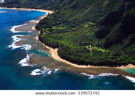 Aerial View of beach and reef system on the Hawaiian Island of Kauai