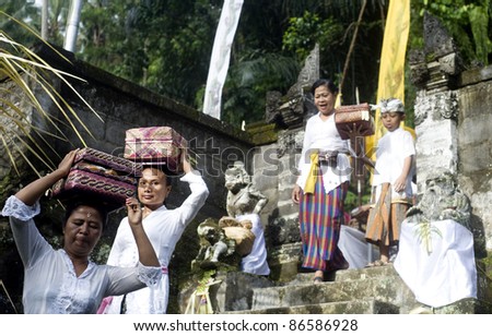 UBUD, BALI, INDONESIA - APRIL 06:  Unidentified local women wearing in traditional indonesian clothes take part in Buda Wage Kelawu ceremony at Hindu temple on April 06, 2011 in Ubud, Indonesia.