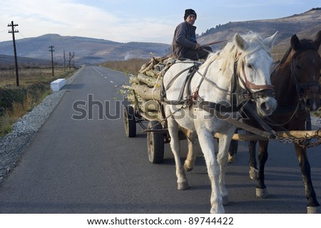 HATEG, ROMANIA-OCT.25:Unidentified man drives horse cart by the country road on October 25, 2011 in Hateg, Romania.The Romanian government claims that \
