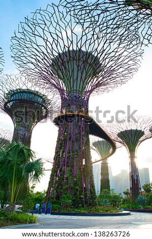 SINGAPORE - MARCH 05: Gardens by the Bay at dusk on March 05, 2013 in Singapore. Gardens by the Bay was crowned World Building of the Year at the World Architecture Festival 2012