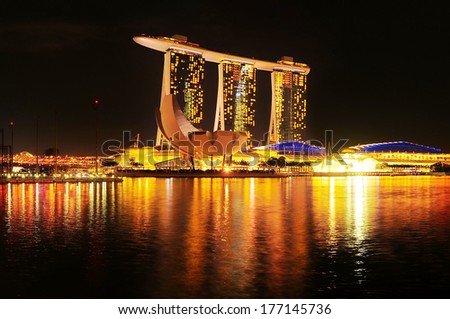 SINGAPORE - MARCH 08: Marina Bay Sands Resort on March 08, 2013 in Singapore. It is billed as the world\'s most expensive standalone casino property at S$8 billion