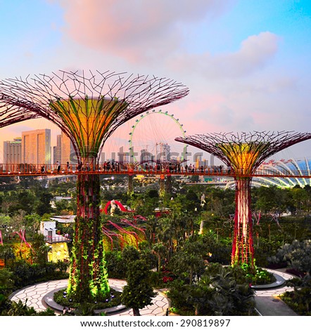 SINGAPORE - MARCH 05, 2013 : Gardens by the Bay at dusk in Singapore. Gardens by the Bay was crowned World Building of the Year at the World Architecture Festival 2012