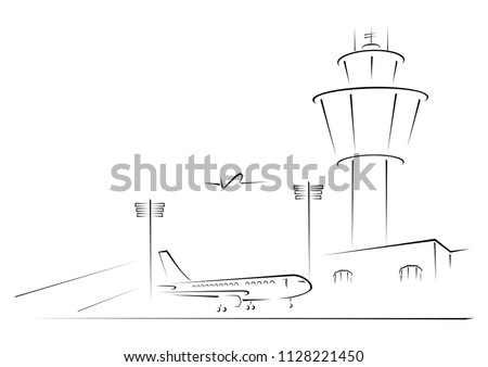 Complex of airport with terminal on sketch