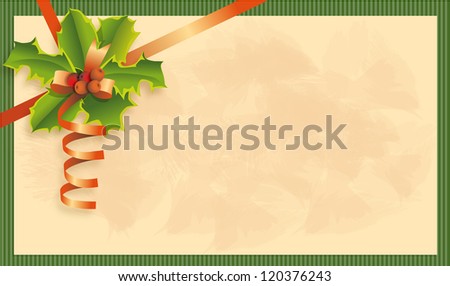Greeting card with bow and holly leaves