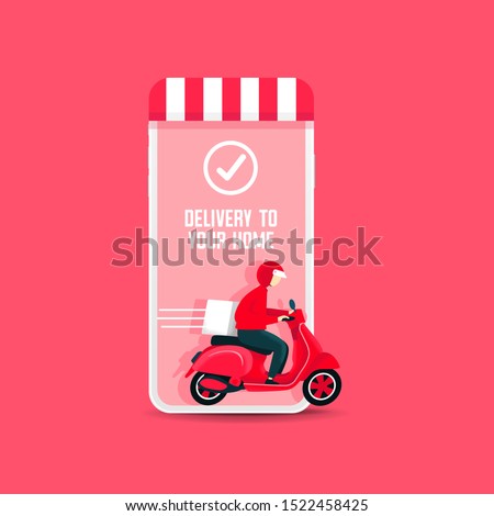 Delivery man riding a scooter out of the phone. Fast food delivery app on a smartphone with delivery man on a scooter.
