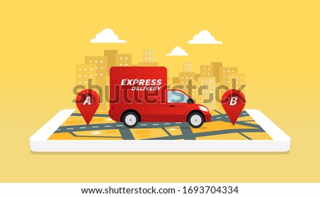 Express delivery service by truck. Checking delivery service app on mobile phone.