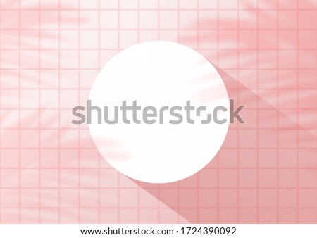 Top view pink tiles background with palm leaves for product display. Showroom shoot render. Banner background for advertise product.