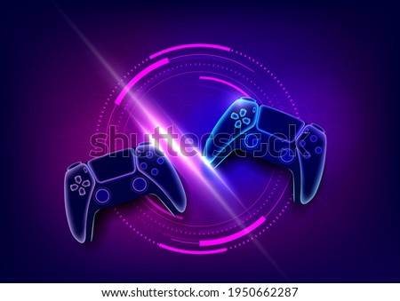 Neon game controllers or joysticks for game console.