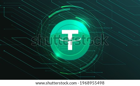 Tether coin with crypto currency themed banner. Tether or USDT icon on modern neon color background. Cryptocurrency Blockchain technology, digital FIAT or trade exchange concept. Сток-фото © 