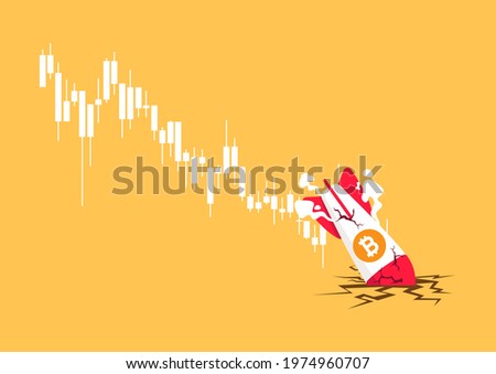 Bitcoin rocket crash on the floor. Bitcoin price collapse, crypto currency volatility price roaring fast and fall down causing investor huge loss concept.