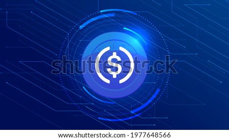 USD Coin digital stablecoin with crypto currency themed banner. USD Coin or USDC icon on modern neon color background.