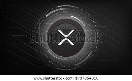 Ripple (XRP) crypto currency themed banner. Ripple coin or XRP icon on modern black color background.