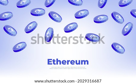 Ethereum coins falling from the sky. ETH cryptocurrency concept banner background.