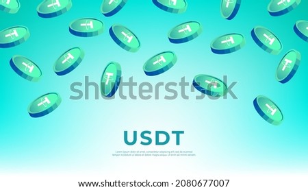 Tether (USDT) coins falling from the sky. USDT cryptocurrency concept banner background.