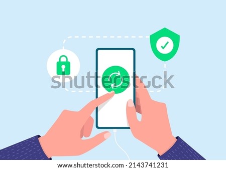 System software update concept. Download process on the smartphone screen. Mobile phone in hand and finger touch on screen. 