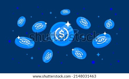 USD Coin (USDC) falling from the sky. USDC cryptocurrency concept banner background.